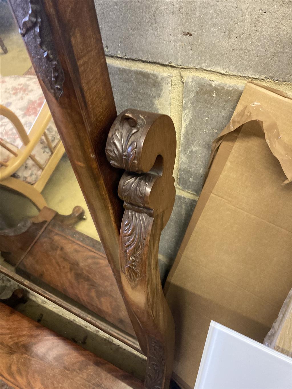 A Victorian carved flame mahogany cheval mirror, width 80cm, height 168cm